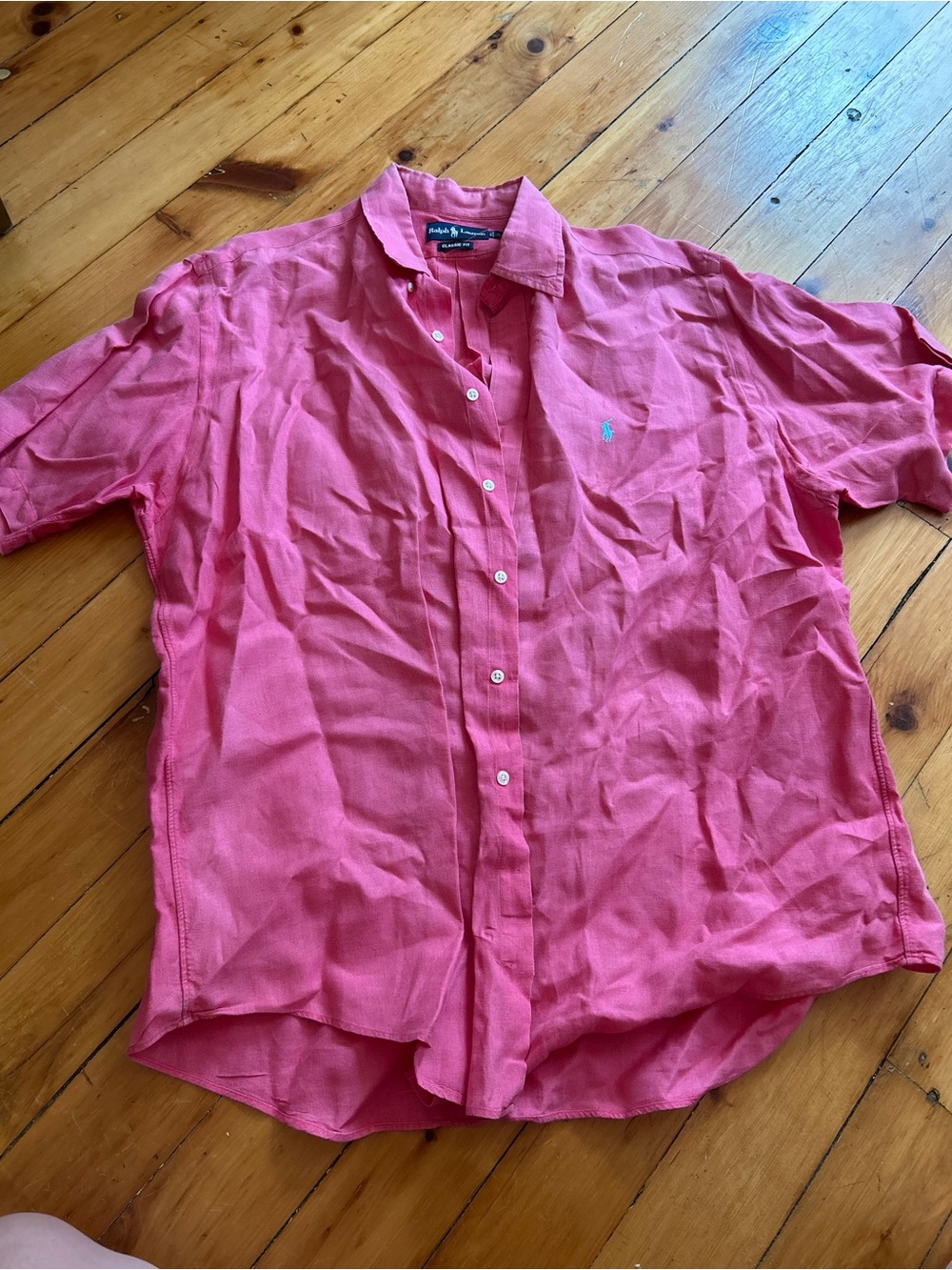 Ralph Lauren classic fit vintage linen, button-down, short sleeve shirt pink XL